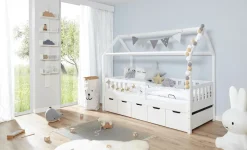 TiCAA Hausbett "Traumhaus" mit 5er Schubkästen Kiefer Weiß