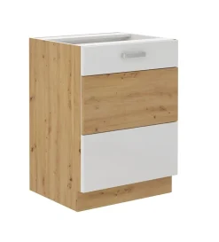 Unterschrank 60 cm Eiche Artisan + Weiß Hochglanz Küchenzeile Küchenblock Küche