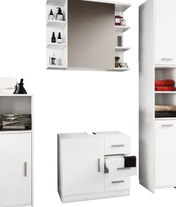 VCM 4-tlg. Badmöbelset | Badmöbel | Set aus Unterschrank, Midischrank, Hochschrank und Spiegelschrank | Badezimmermöbel - Zalo III