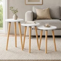 VCM 3-tlg. Beistelltisch Set, Runde Satztische mit Holzfüßen, Ø 34 cm, Wohnzimmertische im Retro-Design - Barilo
