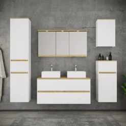 VCM 6-tlg. Doppelwaschtisch Cosila mit 1 Doppel Keramikbecken – Badschrank H. 51 x B. 111 x T. 51 cm mit 2 Softclose-Schubladen, Spiegelschrank mit Beleuchtung & Steckdose, Midi und Hängeschrank, Waschplatz Set Cosila-I