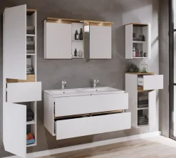 VCM 6-tlg. Doppelwaschtisch Cosila mit 1 Doppel Keramikbecken – Badschrank H. 51 x B. 111 x T. 51 cm mit 2 Softclose-Schubladen, Spiegelschrank mit Beleuchtung & Steckdose, Midi und Hängeschrank, Waschplatz Set Cosila-I