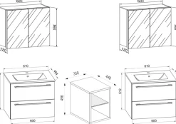 VCM 3-tlg. Set | 2 Waschtisch, 2 Spiegelschrank, 2 Waschbecken, 1 Mittelfach | Keramik Waschbecken | Unterschrank 155 cm | Badmöbel Set Doppel Waschplatz - Badinos XXL