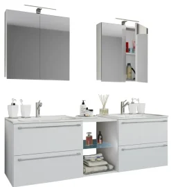 VCM 3-tlg. Set | 2 Waschtisch, 2 Spiegelschrank, 2 Waschbecken, 1 Mittelfach | Keramik Waschbecken | Unterschrank 155 cm | Badmöbel Set Doppel Waschplatz - Badinos XXL