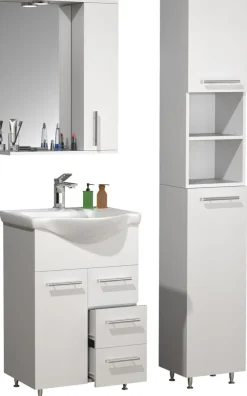 VCM 4-tlg. Waschplatz | Waschtisch Unterschrank 55 cm | Badmöbel Set mit Waschbecken Hochschrank Spiegelschrank | Schublade | Komplettset Lisalo L