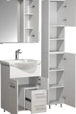 VCM 4-tlg. Waschplatz | Waschtisch Unterschrank 55 cm | Badmöbel Set mit Waschbecken Hochschrank Spiegelschrank | Schublade | Komplettset Lisalo L