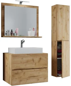 VCM 4-tlg. Waschplatz Waschtisch | Waschbecken Unterschrank Breite 60 cm | Badmöbel Set mit Schubladen Drehtüren Spiegel | Lendas L