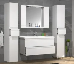 VCM 5-tlg. Waschplatz | Waschtisch Unterschrank 100 cm | Badmöbel Set mit Waschbecken Spiegelschrank Hochschrank | grifflose Schubladen | Komplettset Silora XL