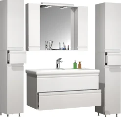 VCM 5-tlg. Waschplatz | Waschtisch Unterschrank 100 cm | Badmöbel Set mit Waschbecken Spiegelschrank Hochschrank | grifflose Schubladen | Komplettset Silora XL