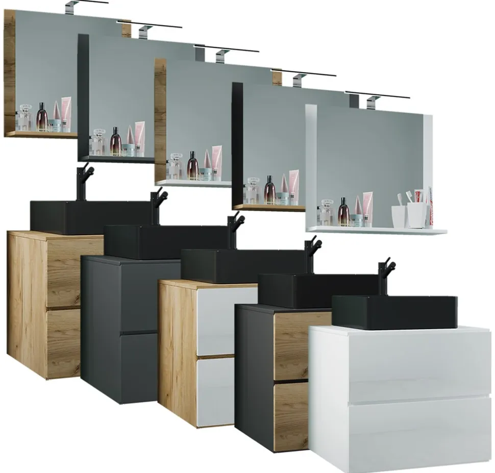 VCM 3-tlg. Waschplatz Waschtisch | schwarzes Waschbecken Unterschrank Breite 60 cm | Badmöbel Set mit Schubladen Spiegel | Lendas S BL