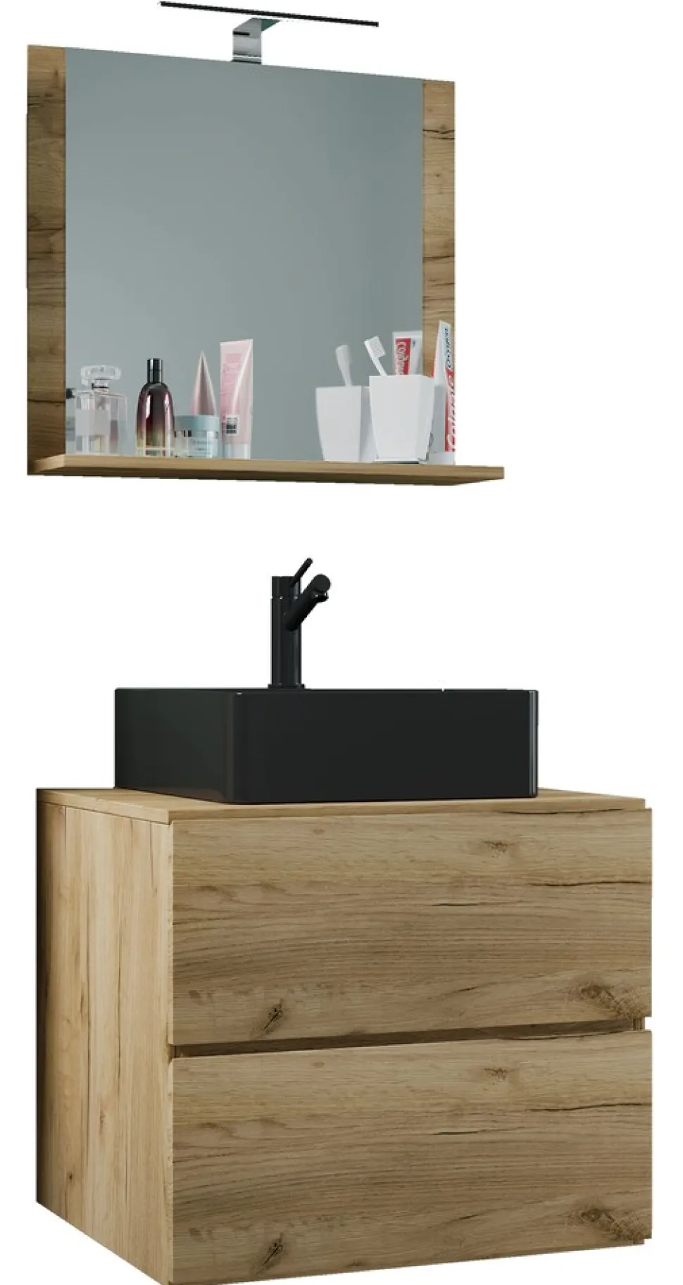 VCM 3-tlg. Waschplatz Waschtisch | schwarzes Waschbecken Unterschrank Breite 60 cm | Badmöbel Set mit Schubladen Spiegel | Lendas S BL