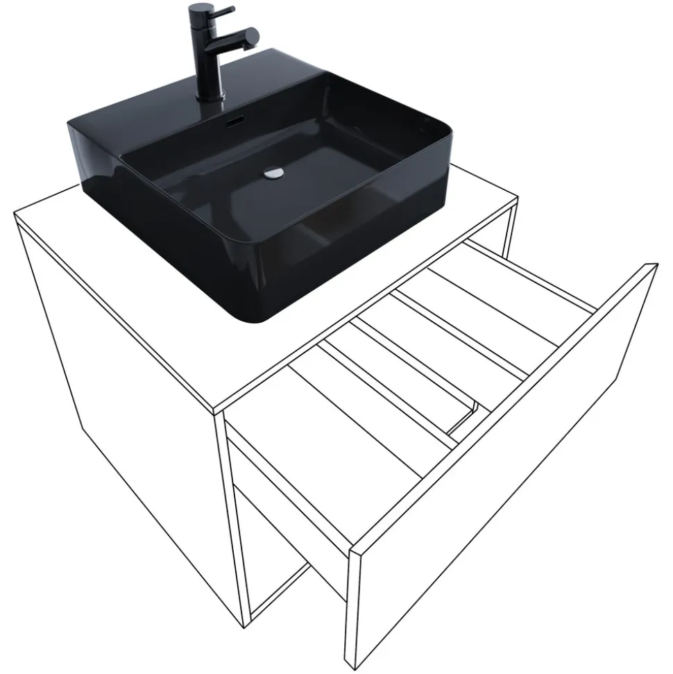 VCM 3-tlg. Waschplatz Waschtisch | schwarzes Waschbecken Unterschrank Breite 60 cm | Badmöbel Set mit Schubladen Spiegel | Lendas S BL