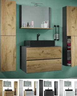 VCM 5-tlg. Waschplatz Waschtisch | schwarzes Waschbecken Unterschrank Breite 60 cm | Badmöbel Set mit Schubladen Drehtüren Spiegel | Lendas S BL