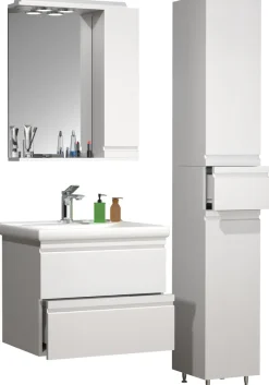 VCM 4-tlg. Waschplatz Waschtisch 60 cm Badmöbel Set Waschbecken grifflose Schublade Spiegelschrank Hochschrank Silora L