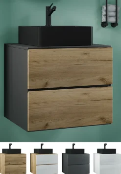 VCM 2-tlg. Waschplatz Waschtisch | schwarzes Waschbecken Unterschrank Breite 60 cm | Badmöbel Set mit Schubladen | Lendas S BL