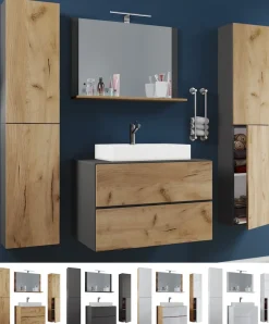 VCM 5-tlg. Waschplatz Waschtisch | Waschbecken Unterschrank Breite 60 cm | Badmöbel Set mit Schubladen Drehtüren Spiegel | Lendas XL Schublade