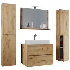 VCM 5-tlg. Waschplatz Waschtisch | Waschbecken Unterschrank Breite 60 cm | Badmöbel Set mit Schubladen Drehtüren Spiegel | Lendas XL Schublade