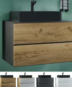 VCM 2-tlg. Waschplatz Waschtisch | schwarzes Waschbecken Unterschrank Breite 80 cm | Badmöbel Set mit Schubladen | Lendas S BL