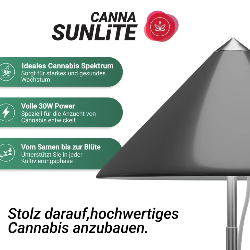 VENSO LED Pflanzenlampe Vollspektrum CANNA SUNLiTE, 30W Parus Grow Light, Ausziehbarer Teleskopstab bis 170cm, Ideal für 1-2 Cannabis Pflanzen, Indoor Anzucht, 4000K, IP54, EU-Stecker