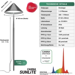 VENSO LED Pflanzenlampe Vollspektrum CANNA SUNLiTE, 30W Parus Grow Light, Ausziehbarer Teleskopstab bis 170cm, Ideal für 1-2 Cannabis Pflanzen, Indoor Anzucht, 4000K, IP54, EU-Stecker