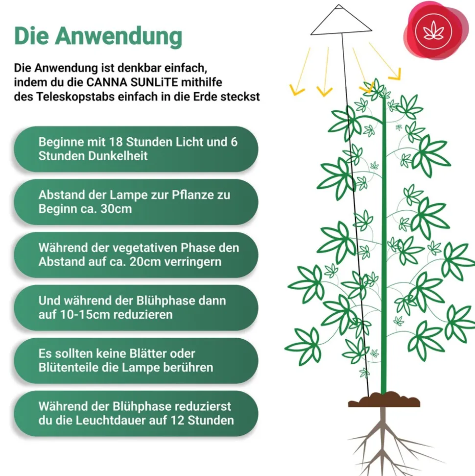 VENSO LED Pflanzenlampe Vollspektrum CANNA SUNLiTE, 30W Parus Grow Light, Ausziehbarer Teleskopstab bis 170cm, Ideal für 1-2 Cannabis Pflanzen, Indoor Anzucht, 4000K, IP54, EU-Stecker