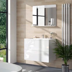 Vicco Badezimmerspiegel Izan Weiß Hochglanz 80 x 62 cm mit Regal