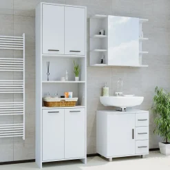 Vicco Badmöbel Set "Maris", Weiß, 3 Teile, mit Hochschrank, Spiegelschrank,Waschbeckenunterschrank