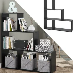 VICCO Treppenregal ASYM Raumteiler Schwarz 4 Fach Bücherregal Standregal Aktenregal Regal
