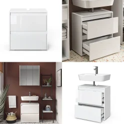 Vicco Waschtischunterschrank Waschbeckenunterschrank Majest Weiß Hochglanz modern 60x62 cm Badezimmer Schrank Badschrank Badkommode Badmöbel 2 Schubladen