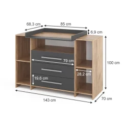 Vicco Wickelkommode Oskar XL 143 x 100 cm, Eiche Anthrazit, inkl. Wickelauflage