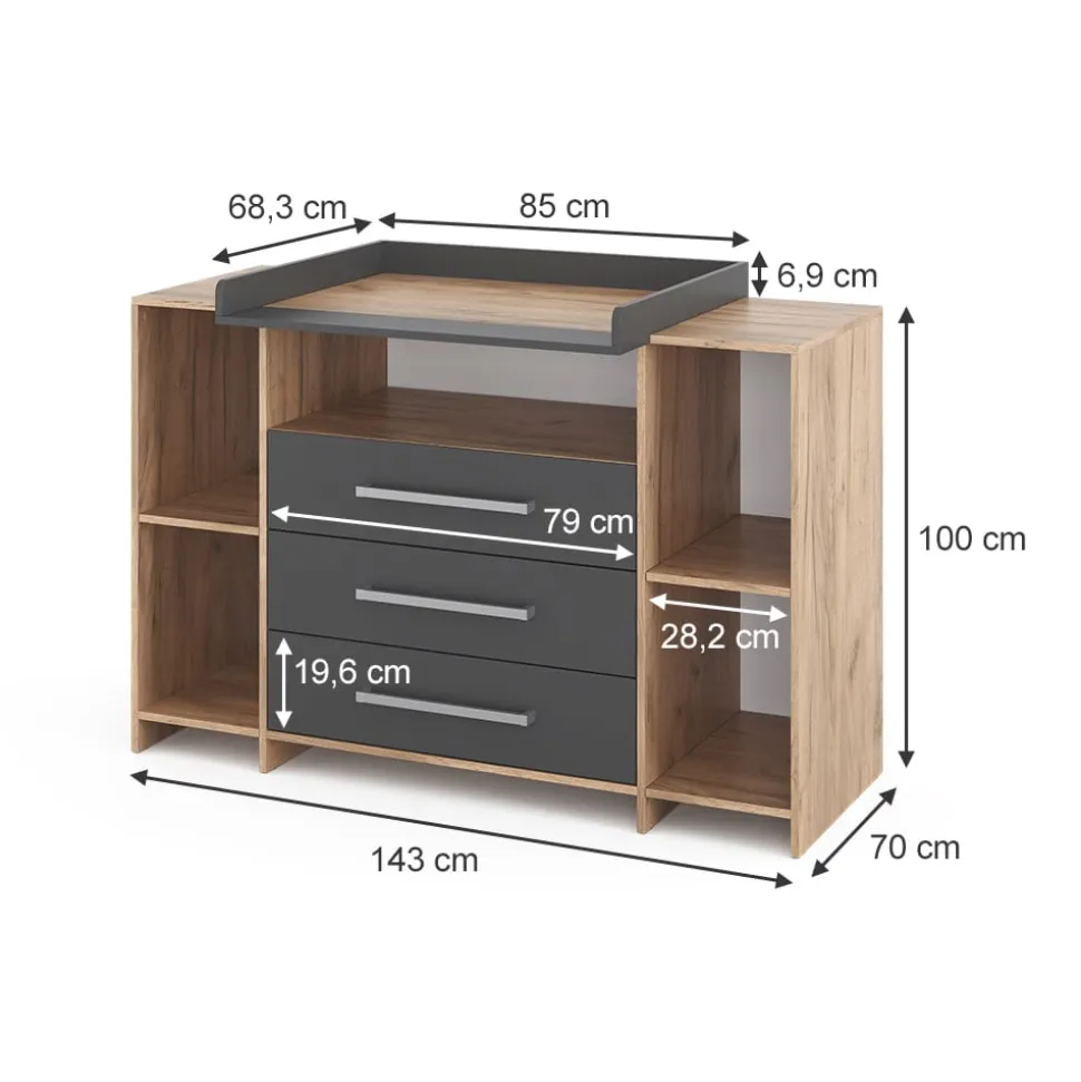 Vicco Wickelkommode Oskar XL 143 x 100 cm, Eiche Anthrazit, inkl. Wickelauflage