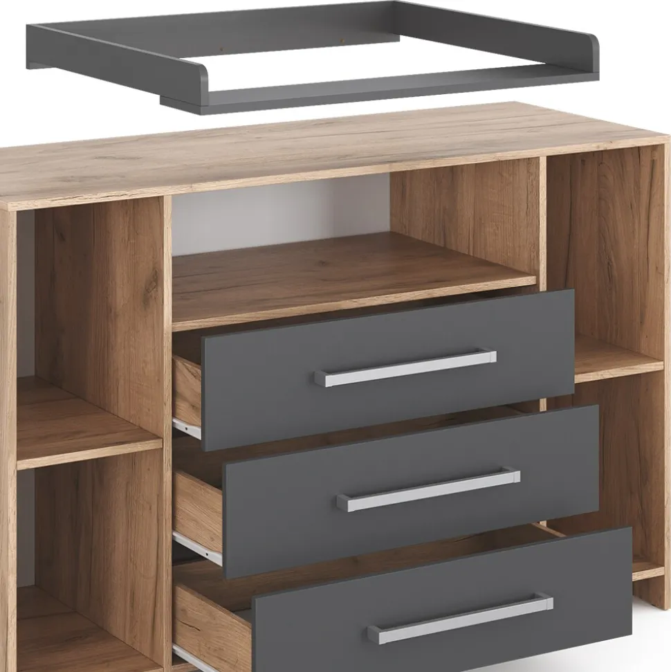 Vicco Wickelkommode Oskar XL 143 x 100 cm, Eiche Anthrazit, inkl. Wickelauflage