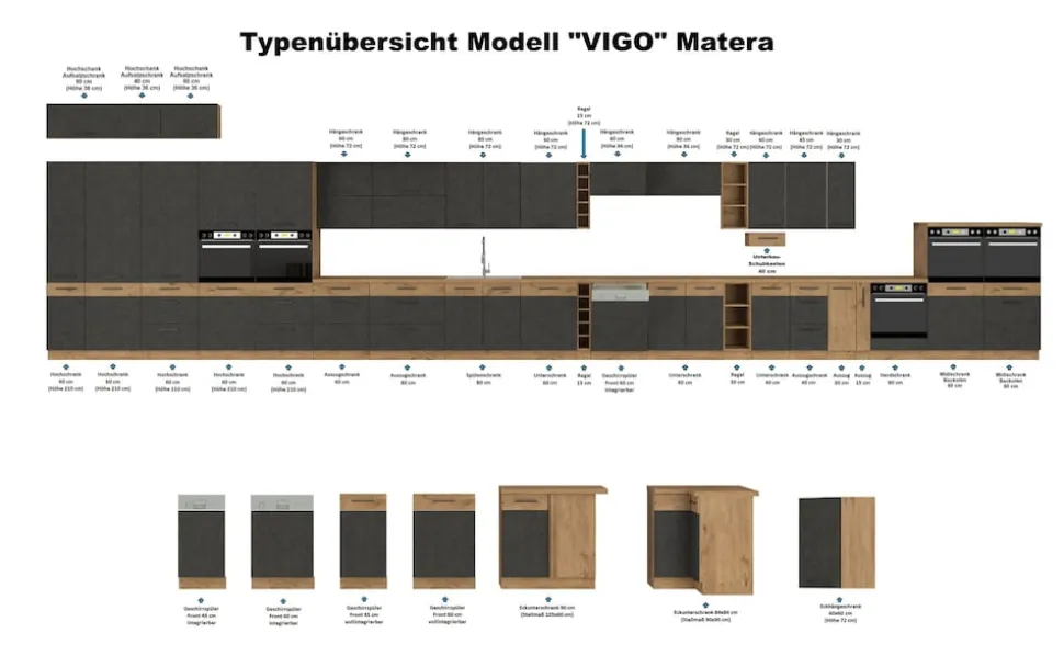 Vigo Herdunterschrank 60 cm Eiche Lancelot Matera Grau Küchenzeile Küchenblock