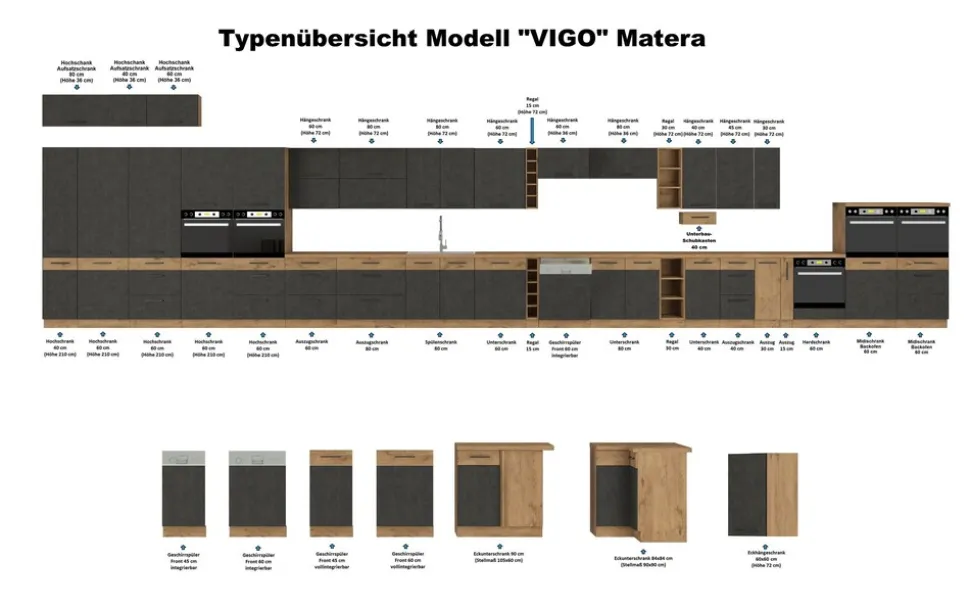 Vigo Unterschrank 60 cm Eiche Lancelot Matera Grau Vollauszug Soft-Close Küche