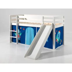 Vipack Spielbett Pino inkl. Rutsche, Kiefer massiv weiß mit Vorhang - Dessin Astro