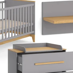 VitaliSpa Babymöbel Set Malia Grau Eiche Wickelkommode Wandregal Kinderbett Kleiderschrank Kinderzimmermöbel Wickelauflage Aufbewahrung Lattenrost Rausfallschutz Kleiderstange