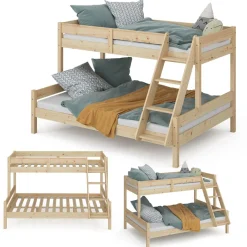 VitaliSpa Hochbett Kinderbett Spielbett Everest Natur modern 140x200 Massivholz Kinderzimmer Bett Lattenrost Bettleiter Kletterbett Doppelbett Geschwisterbett Matratze
