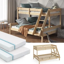 VitaliSpa Hochbett Kinderbett Spielbett Everest Natur modern 140x200 Massivholz Kinderzimmer Bett Lattenrost Bettleiter Kletterbett Doppelbett Geschwisterbett Matratze