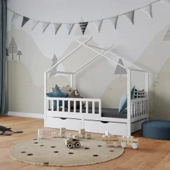Vitalispa Kinderbett Bettenhaus Einzelbett Franka Weiß 160 x 80 cm modern Kinderzimmer Bett Bettschublade Lattenrost Rausfallschutz