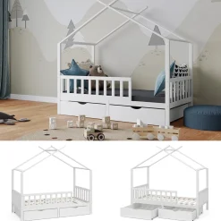 Vitalispa Kinderbett Bettenhaus Einzelbett Franka Weiß 160 x 80 cm modern Kinderzimmer Bett Bettschublade Lattenrost Rausfallschutz