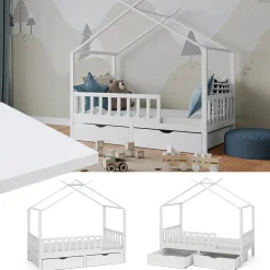 Vitalispa Kinderbett Bettenhaus Einzelbett Franka Weiß 160 x 80 cm Matratze modern Kinderzimmer Bett Bettschublade Lattenrost Rausfallschutz