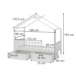Vitalispa Kinderbett Bettenhaus Einzelbett Franka Weiß 160 x 80 cm Matratze modern Kinderzimmer Bett Bettschublade Lattenrost Rausfallschutz