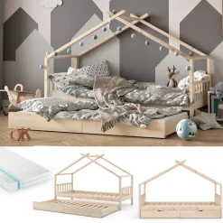 VITALISPA Kinderbett DESIGN HausbettGästebett LattenrostNatur 90x200 Matratze