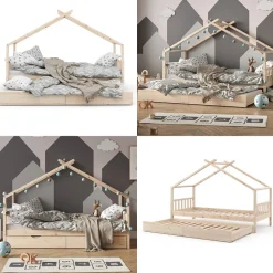 VITALISPA Kinderbett DESIGN HausbettGästebett LattenrostNatur 90x200 Matratze