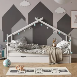 VITALISPA Kinderbett DESIGN HausbettGästebett Lattenrostweiß 90x200 Schublade