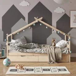 VITALISPA Kinderbett DESIGN HausbettGästebett LattenrostNatur 90x200 Schublade