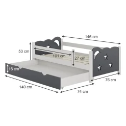 VitaliSpa Kinderbett Einzelbett Juniorbett Jessica Weiß Grau 140x70 cm Matratze modern Kinderzimmer Bett Bettschublade Rausfallschutz