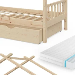VitaliSpa Kinderbett Hausbett Kinderhaus Design Natur Lattenrost 90x200 Matratze