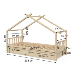 VitaliSpa Kinderbett Hausbett Kinderhaus Design Natur Lattenrost 90x200 Matratze