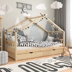 VitaliSpa Kinderbett Hausbett Kinderhaus Design NAT Lattenrost 90x200 Schublade
